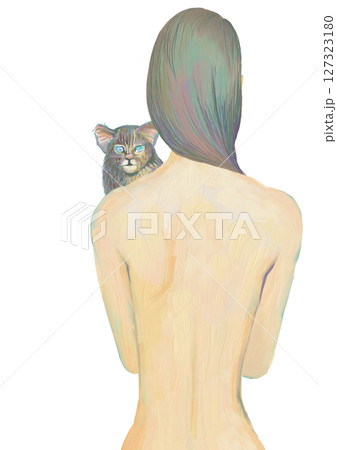 背中でロングヘアの女性と猫のイラスト 背中でロングヘアの女性と猫のイラスト 127323180