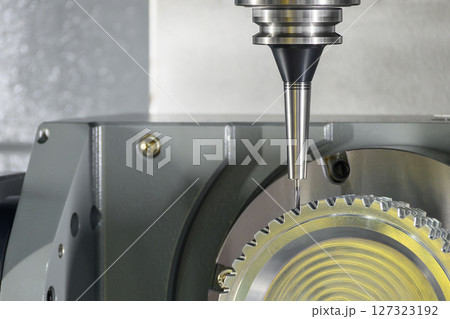 The 5-axis CNC milling machine cutting the gear part with solid ball nose end mill tools. 127323192