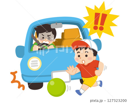 交通安全　飛び出す子供と急ブレーキをかける自動車 127323200