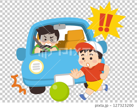 交通安全　飛び出す子供と急ブレーキをかける自動車 127323200