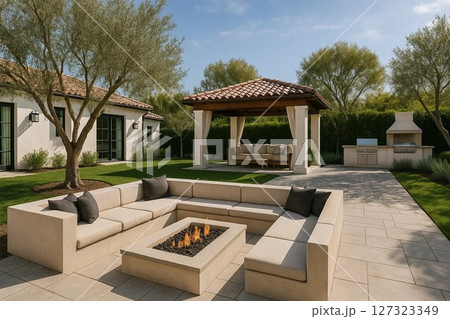Modern Spanish backyard with cabana, barbecue, fire pit, and olive tree 127323349