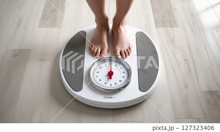 Barefoot woman stepping onto a bathroom scale 127323406