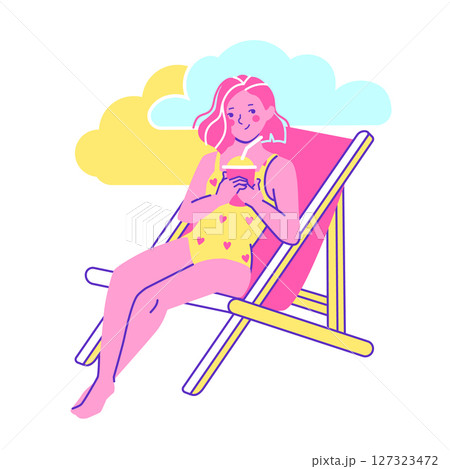 A relaxed young woman enjoys a tropical cocktail under the sun on a cozy beach chair, perfect for leisure, vacation, and summer lifestyle themes 127323472