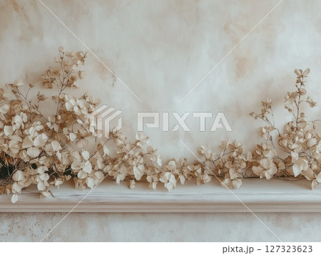 Beige neutral background with beige dried flowers, soft texture, minimal and natural design. Beige neutral background with beige dried flowers, soft texture, minimal and natural design. 127323623