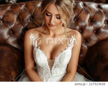 Elegant bride with deep neckline sitting on leather sofa, waist-up portrait in soft natural light. Elegant bride with deep neckline sitting on leather sofa, waist-up portrait in soft natural light. 127323630