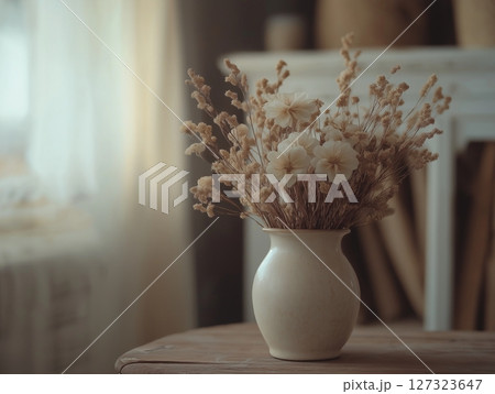 Atmospheric beige photo with ceramic vase holding dried flowers on wooden table, warm and cozy. 127323647