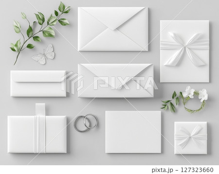 Wedding rings flatley on white background with flowers, envelopes, and butterflies. 127323660