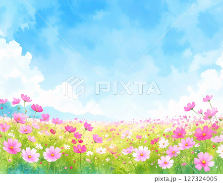 コスモスと青空　水彩画風 127324005
