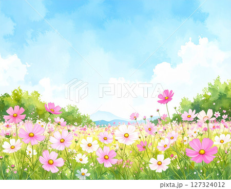 コスモスと青空 水彩画風 コスモスと青空 水彩画風 127324012