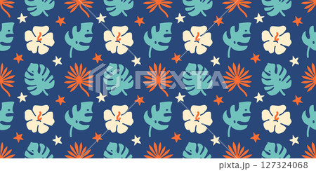 Hawaii vibe seamless background. Hand-drawn palm leaves and exotic flowers create a lively endless wallpaper ideal for summer fashion, textiles, and cheerful projects Hawaii vibe seamless background. Hand-drawn palm leaves and exotic flowers create a lively endless wallpaper ideal for summer fashion, textiles, and cheerful projects 127324068