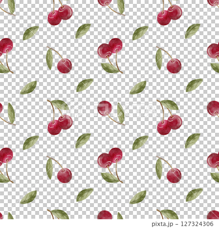 Pattern watercolor illustration cherry berries with green leaves hand drawn. Seamless print in vintage style on isolated background for design textiles, fabrics, packaging, clothes, postcard packaging 127324306