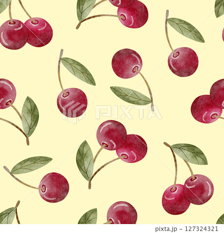 Pattern children's berries cherry green leaves watercolor illustration fruit summer hand drawn. Seamless print on pastel yellow background for design textiles, fabrics, packaging, clothes, postcard 127324321