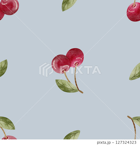Pattern children's berries cherry with green leaves watercolor illustration fruit spring hand drawn. Seamless print on pastel blue background for design textiles, fabrics, packaging, clothes, postcard 127324323
