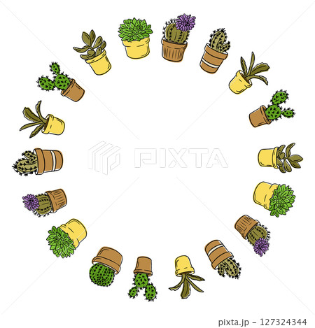 Wreath made of hand drawn potted cacti 127324344