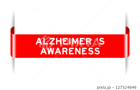 Red color inserted label banner with word Alzheimer s awareness on white background 127324646