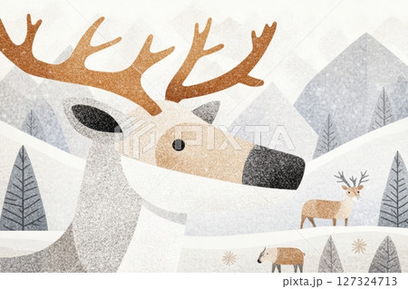 A close-up of a reindeer stands in the Arctic, surrounded by snow-covered mountains and trees, capturing the essence of winter wildlife 127324713
