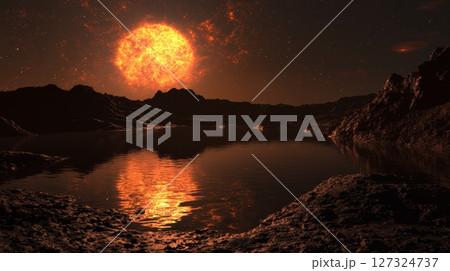 A red giant star shines brightly in the night sky over a rugged landscape, casting reflections on a calm water surface 127324737