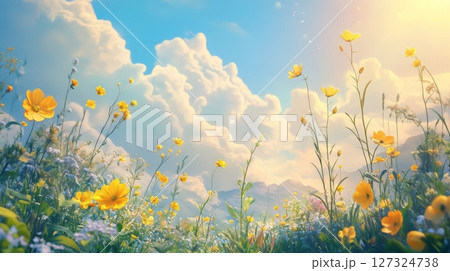 A vibrant field filled with wildflowers sways gently in the warm breeze beneath a stunning sky mixed with fluffy clouds and bright sunlight 127324738