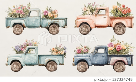 Charming vintage pickup trucks in watercolor style feature overflowing flower arrangements, showcasing rustic beauty and seasonal elegance 127324749