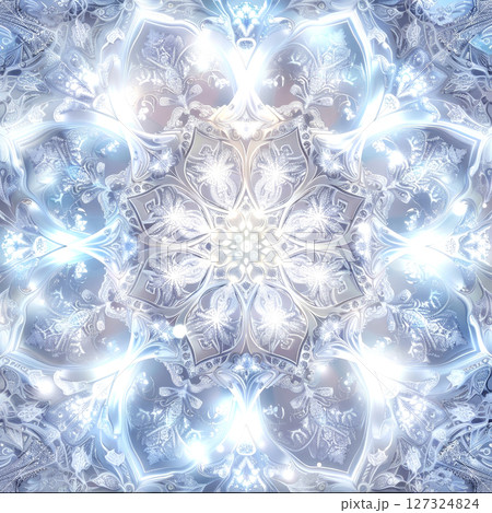 Graceful white mandala design resembles snowflakes, showcasing intricate patterns and a magical, luminous quality in a serene setting 127324824