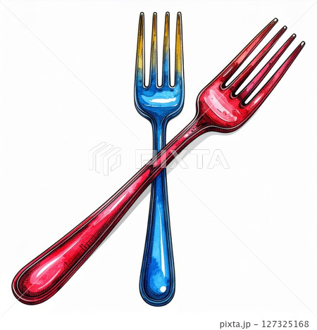 Crossed Red and Blue Forks with Gold Accents 127325168