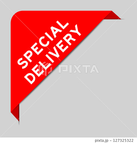 Red color of corner label banner with word special delivery on gray background 127325322