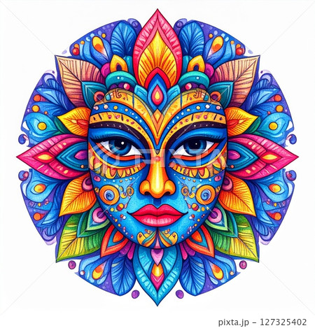 Vibrant Sun Face Mandala with Colorful Floral Pattern 127325402