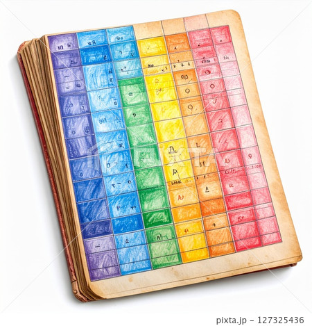 Colorful Periodic Table Drawing on Stacked Paper Colorful Periodic Table Drawing on Stacked Paper 127325436