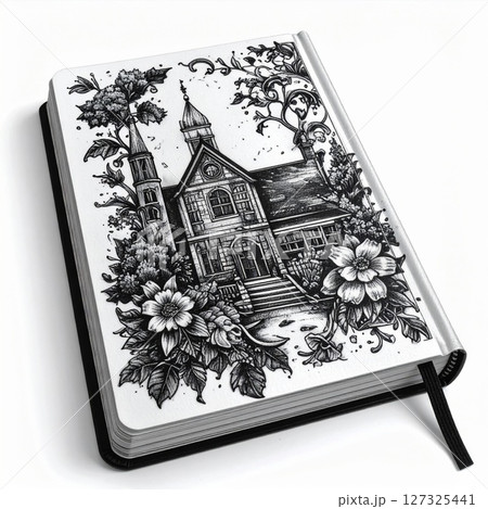 Black And White Church Floral Book Cover Illustration 127325441