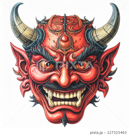 Red Demon Mask with Horns, Detailed Illustration Red Demon Mask with Horns, Detailed Illustration 127325463