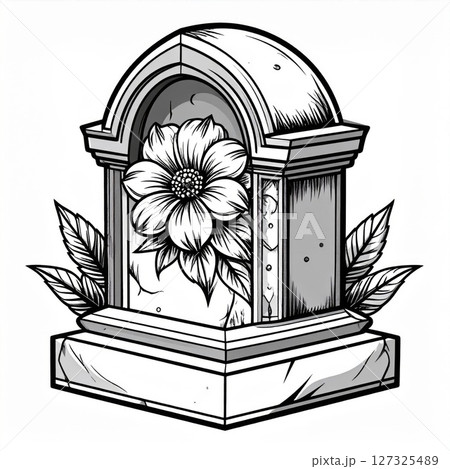Monochrome Illustration of Ornate Grave with Flower Monochrome Illustration of Ornate Grave with Flower 127325489