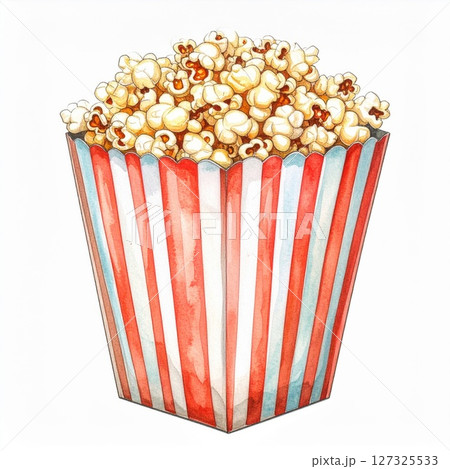 Watercolor Illustration of Popcorn in a Red and White Striped Box 127325533