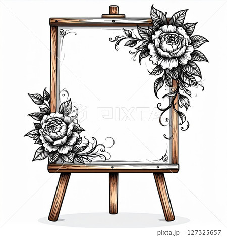 Wooden Easel with Blank Canvas and Floral Frame 127325657