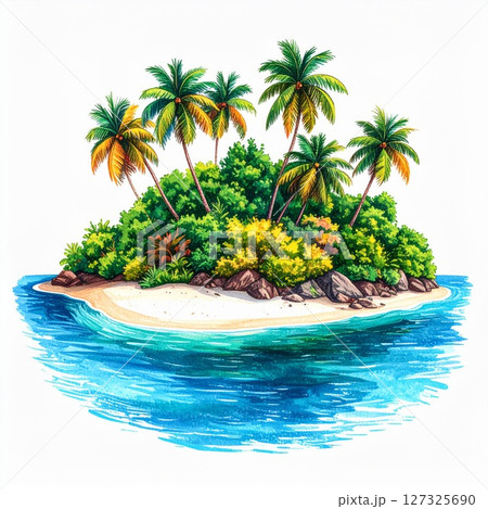 Lush Tropical Island with Palm Trees and White Sand Beach 127325690