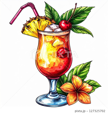 Tropical Cocktail Illustration with Pineapple and Cherry 127325702