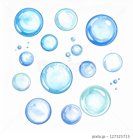 Watercolor Blue Bubbles on White Background 127325713