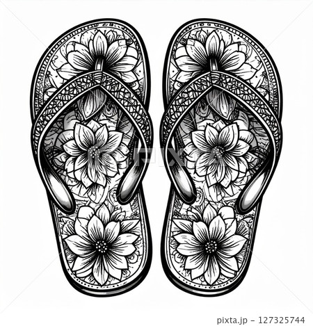 Floral Flip Flops Black and White Illustration 127325744