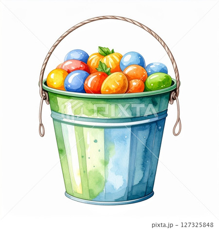 Colorful Eggs and Candies in a Green Metal Bucket Colorful Eggs and Candies in a Green Metal Bucket 127325848