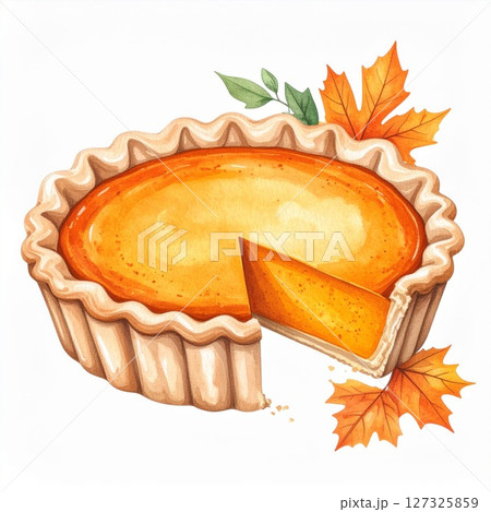 Watercolor Pumpkin Pie with Autumn Leaves Watercolor Pumpkin Pie with Autumn Leaves 127325859