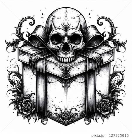 Black And White Skull Gift Box With Roses 127325916