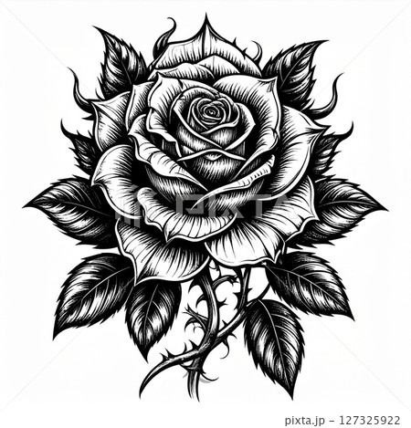 Black And White Detailed Rose Tattoo Illustration 127325922