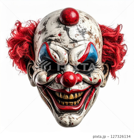 Creepy Clown Mask with Red Hair and Distorted Features 127326134