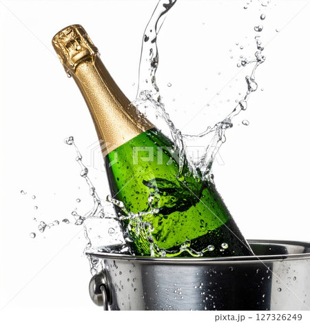 Green Champagne Bottle in Metal Ice Bucket with Water Splash 127326249