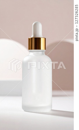 White Frosted Glass Dropper Bottle with Gold Cap on Neutral Background 127326285