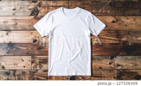 White T-Shirt on Rustic Wooden Background White T-Shirt on Rustic Wooden Background 127326309
