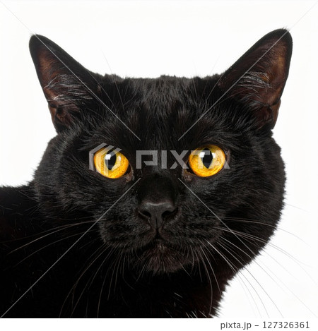 Portrait of a Black Cat with Intense Orange Eyes Portrait of a Black Cat with Intense Orange Eyes 127326361