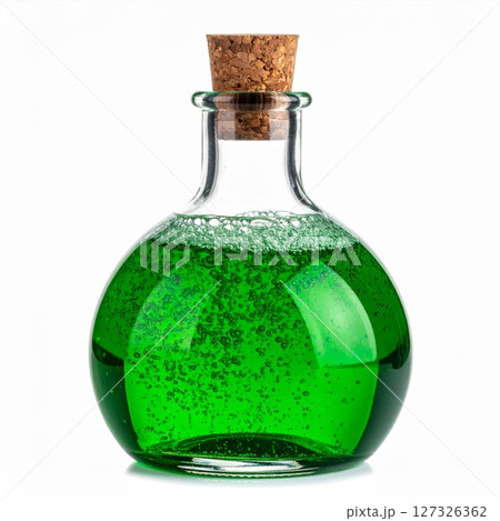 Round Glass Bottle with Green Liquid and Cork Round Glass Bottle with Green Liquid and Cork 127326362