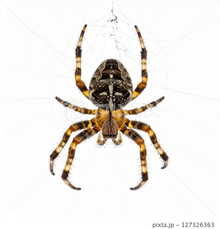 Closeup of a Spider on its Web Against a White Background 127326363