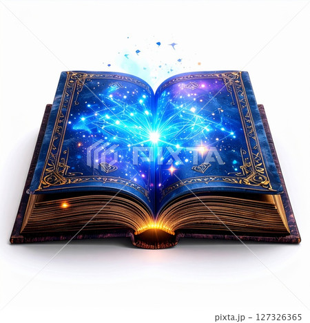 Open Ancient Book with Glowing Blue Magic and Gold Accents Open Ancient Book with Glowing Blue Magic and Gold Accents 127326365