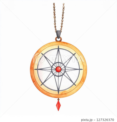 Watercolor Illustration of an Ornate Compass Pendant 127326370